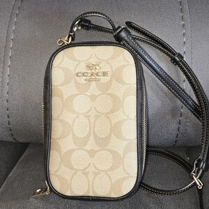 Coach Beige and Dark Brown Signature Cell Phone Crossbody Bag